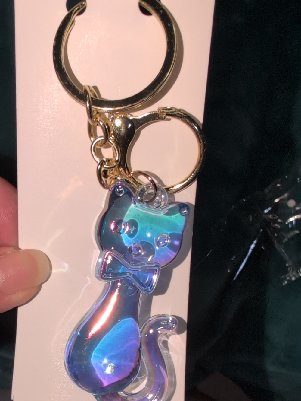 Iridescent Cat Keychain  Bag Charm Gold Tone Hardware